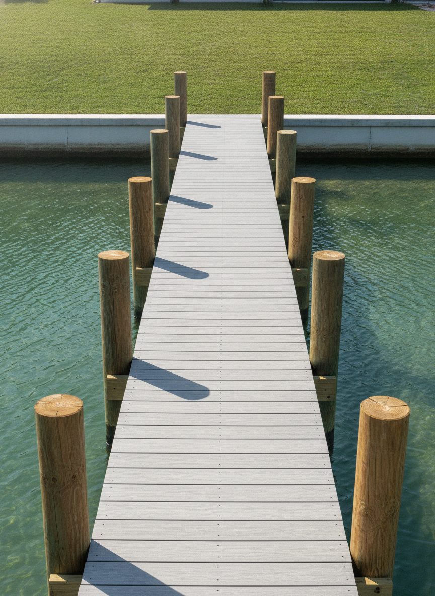 A new timber dock reaching out over a calm Florida canal in bright midday sun