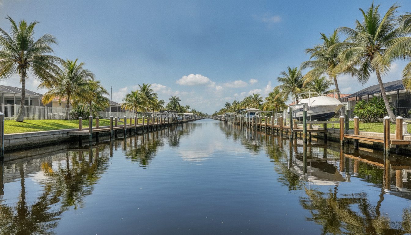 A Palm Coast residential canal at midday lined with private docks and boat lifts